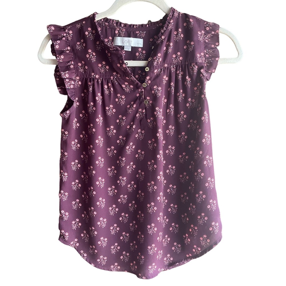 LOFT Purple/Wine Floral Petite Blouse with Ruffles Women’s Petite XXSP